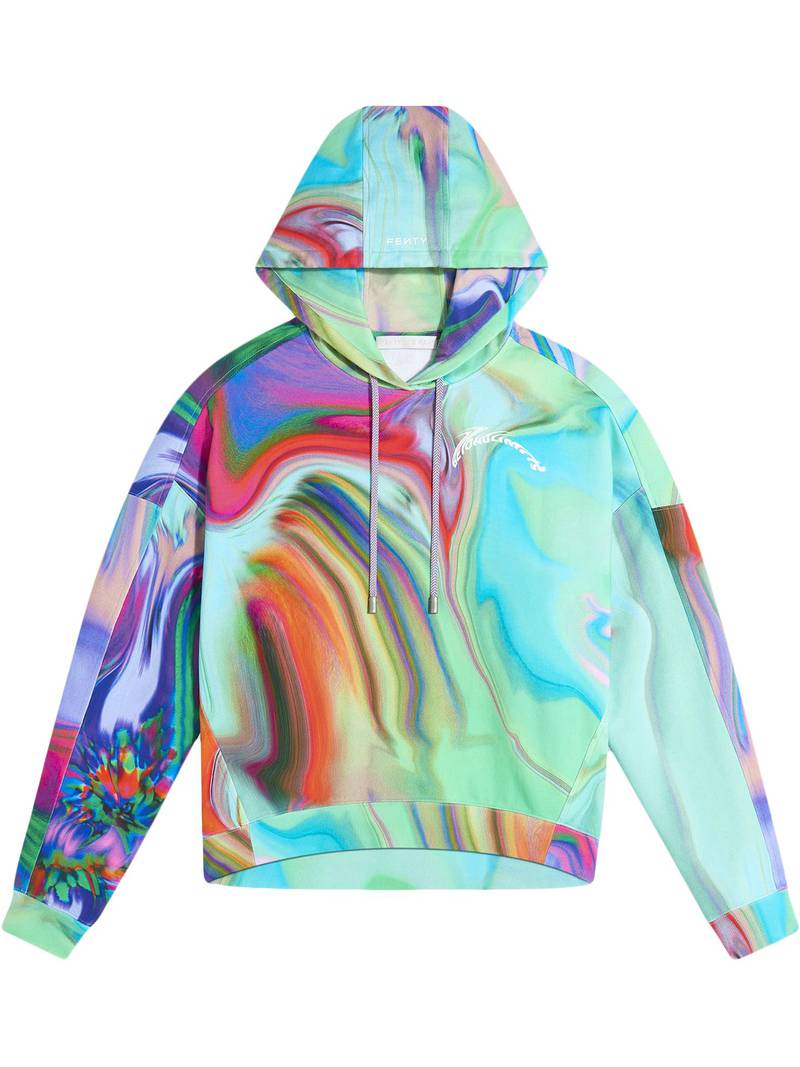 Bold hues come together in a futuristic tie-dye pattern on this Fenty 6-20 hoodie. Courtesy of Fenty