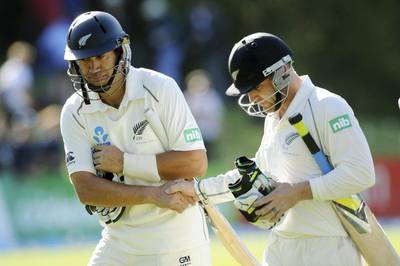 Ross Taylor, left, finished with 103 not out on Tuesday and Brendon McCullum, right, joined him with a ton at 109 not out. Ross Stetford / SNPA / AP