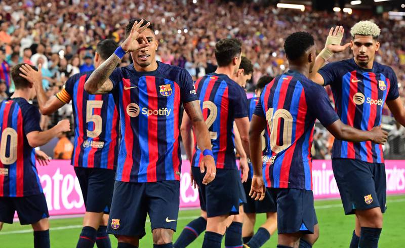 Barcelona's Raphinha celebrates after scoring during the 1-0 clasico friendly win against Real Madrid at Allegiant Stadium in Las Vegas, Nevada, on July 23, 2022. AFP