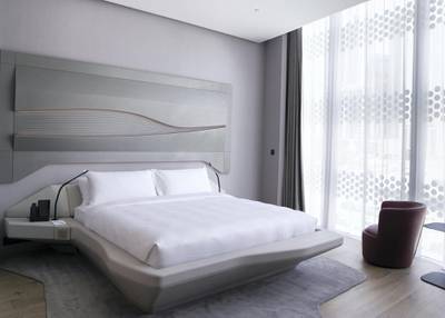 DUBAI, UNITED ARAB EMIRATES. 25 FEBRUARY 2020. Hotel rooms at ME by Melia hotel. It is set to open next month. It is located in The Opus building by Zaha Hadid Architects. Both the interior and exterior is designed by the late Zaha Hadid, who founded Zaha Hadid Architects (ZHA).(Photo: Reem Mohammed/The National)Reporter:Section: