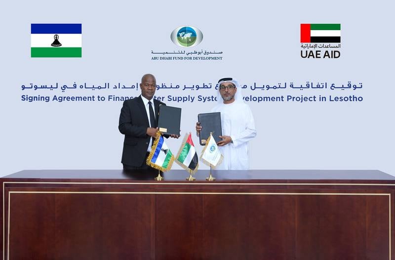 The loan agreement was signed by Mohammed Al Suwaidi, director general of Abu Dhabi Fund for Development, and Thabo Sophonea, Lesotho's Minister of Finance. Photo: ADFD