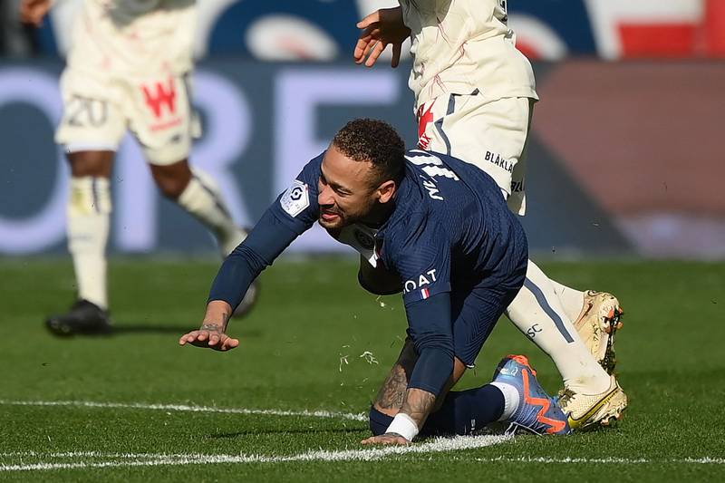 Paris Saint-Germain's Brazilian forward Neymar is injured in the Ligue 1 game against Lille at The Parc des Princes on February 19. AFP