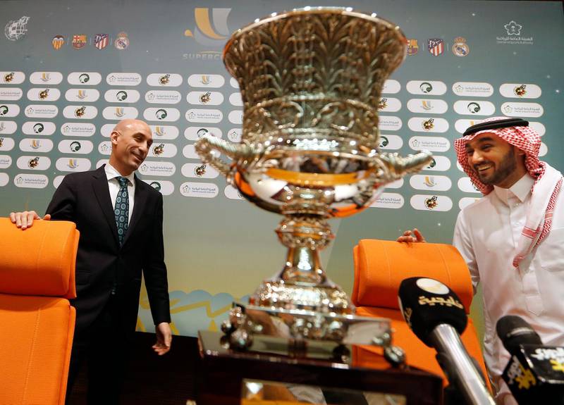 Spanish Soccer Federation president, Luis Rubiales, left, and Saudi General Sport Authority GSA chairman Prince Abdulaziz bin Turki Al-Faisal enter a press conference for the Spanish Super Cup on December 18. AP Photo