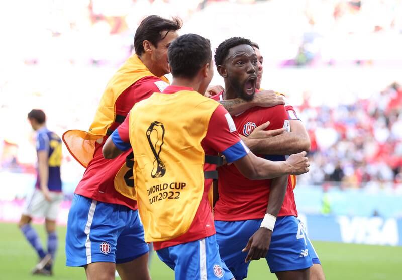 DOHA, QATAR - NOVEMBER 27:  Keysher Fuller of Costa Rica celebrates after scoring their team's first goal with teammates during the FIFA World Cup Qatar 2022 Group E match between Japan and Costa Rica at Ahmad Bin Ali Stadium on November 27, 2022 in Doha, Qatar. (Photo by Francois Nel / Getty Images)
