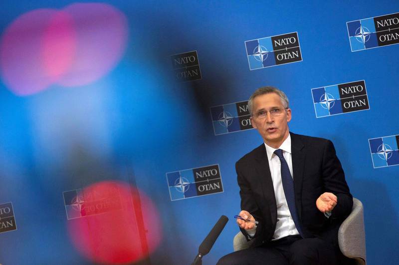 Jens Stoltenberg speaks at a press conference on the sideline of the meeting of NATO foreign ministers. AFP