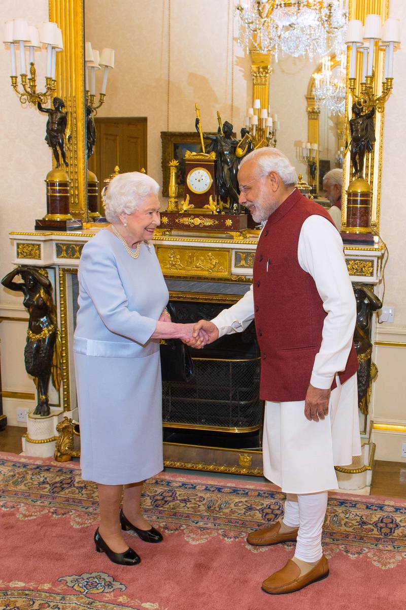 Queen Elizabeth meets Indian Prime Minister Narendra Modi at Buckingham Palace in November 2015. Getty Images