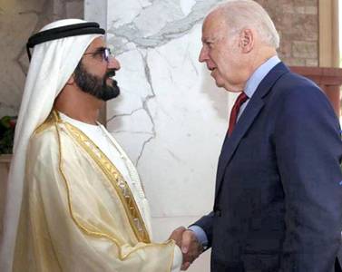 Dubai Ruler and UAE Prime Minister Sheikh Mohammed bin Rashid greets Joe Biden, then US vice-president, in a post shared by Sheikh Mohammed on Twitter on November 8, 2020, to congratulate Biden on his victory in the US election.