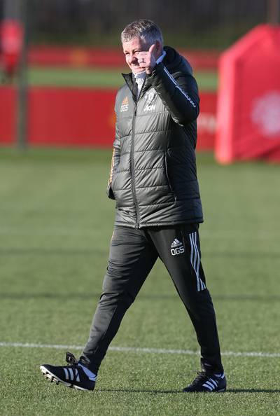 MANCHESTER, ENGLAND - DECEMBER 27: (EXCLUSIVE COVERAGE)  Manager Ole Gunnar Solskjaer of Manchester United in action during a first team training session at Aon Training Complex on December 27, 2020 in Manchester, England. (Photo by Matthew Peters/Manchester United via Getty Images)