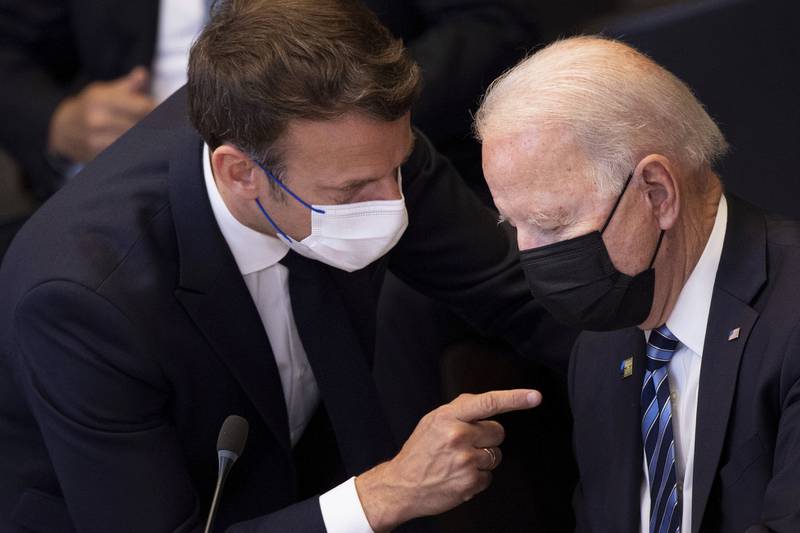 US President Joe Biden and French President Emmanuel Macron seen together on June 14, 2021. AP