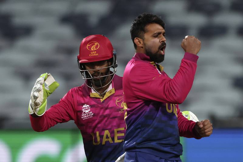 UAE's Basil Hameed celebrates taking the wicket of Netherlands' Vikramjit Singh during their T20 World Cup 
 match in Geelong on October 16, 2022.  AP