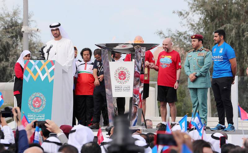 ABU DHABI , UNITED ARAB EMIRATES , March 3 – 2019 :- Dr. Sultan Ahmed Al Jaber, Minister of State, CEO of ADNOC Group speaking during the ADNOC’s “Flame of Hope” welcoming ceremony at the Founder’s memorial in Abu Dhabi. ( Pawan Singh / The National ) For News/Online/Instagram/Big Picture. Story by John