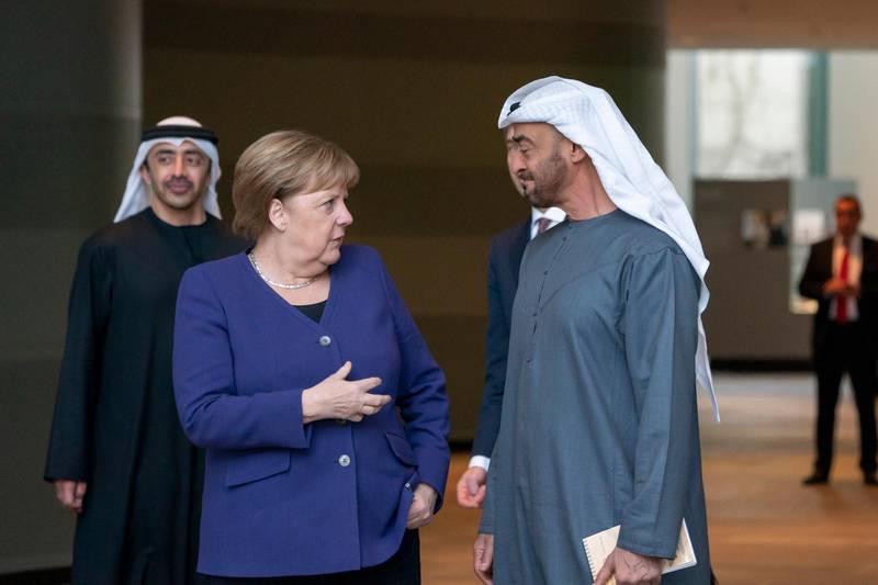 Sheikh Mohamed bin Zayed Al Nahyan, Crown Prince of Abu Dhabi and Deputy Supreme Commander of the UAE Armed Forces, meet German Chancellor Angela Dorothea Merkel in Berlin, Germany. Mohamed bin Zayed's twitter