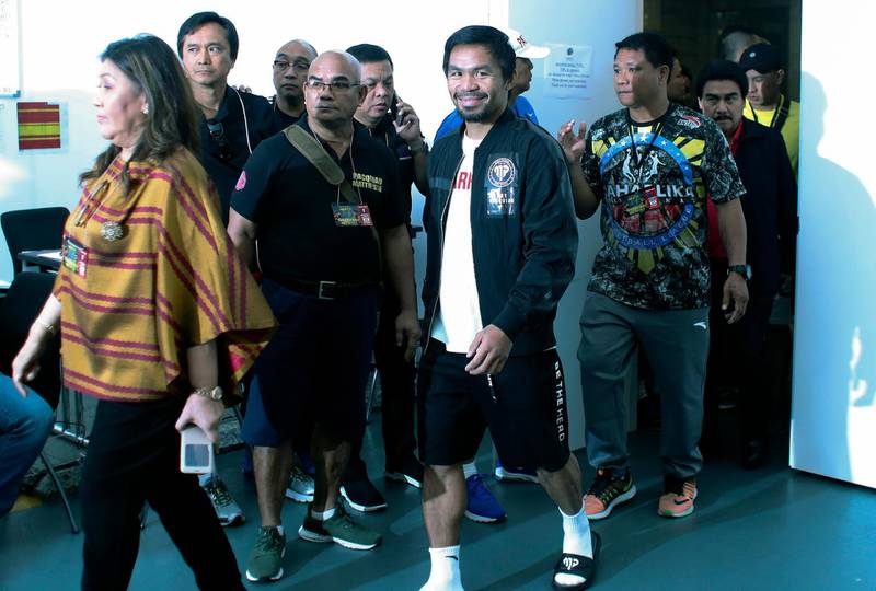 Manny Pacquiao arrives at a gym in Kuala Lumpur ahead of his WBA welterweight title fight against champion Lucas Matthysse on 15 July. EPA