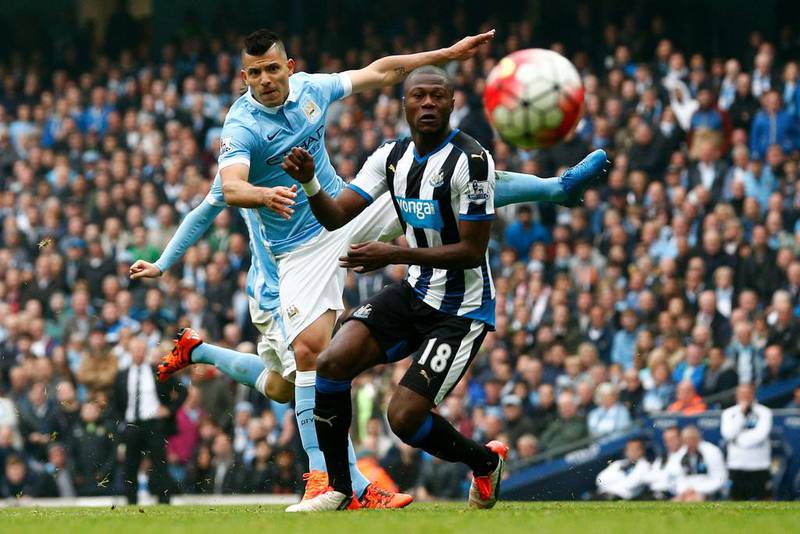 Sergio Aguero scores his fourth and Manchester City's fifth goal against Newcastle United. Dean Mouhtaropoulos / Getty Images
