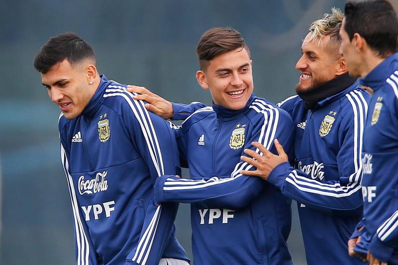 Argentina players Leandro Paredes, Paulo Dybala, and Roberto Pereyra attend their team's training session at the premises of the Argentine Football Association (AFA) in Ezeiza, Buenos Aires ahead of the 2019 Copa America. The tournament will take place in Brazil from June 14-July 7. EPA