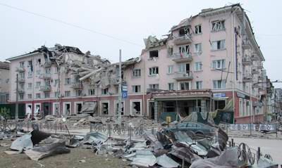 The ruins of the Ukraine Hotel after recent shelling in Chernihiv. EPA