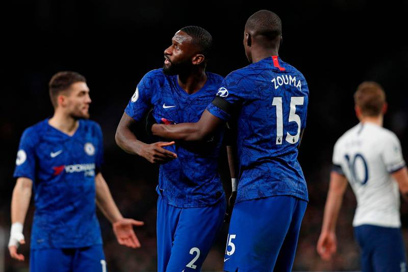 (FILES) In this file photo taken on December 22, 2019 Chelsea's French defender Kurt Zouma (R) and Chelsea's German defender Antonio Rudiger (L) react during the English Premier League football match between Tottenham Hotspur and Chelsea at Tottenham Hotspur Stadium in London Tottenham confirmed on Monday, January 6, 2020, that a club and police investigation has found no evidence of racial abuse aimed at Chelsea's Antonio Rudiger. - RESTRICTED TO EDITORIAL USE. No use with unauthorized audio, video, data, fixture lists, club/league logos or 'live' services. Online in-match use limited to 120 images. An additional 40 images may be used in extra time. No video emulation. Social media in-match use limited to 120 images. An additional 40 images may be used in extra time. No use in betting publications, games or single club/league/player publications.
 / AFP / Adrian DENNIS / RESTRICTED TO EDITORIAL USE. No use with unauthorized audio, video, data, fixture lists, club/league logos or 'live' services. Online in-match use limited to 120 images. An additional 40 images may be used in extra time. No video emulation. Social media in-match use limited to 120 images. An additional 40 images may be used in extra time. No use in betting publications, games or single club/league/player publications.
