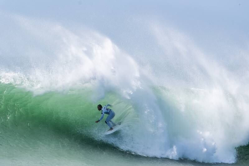 Caio Ibelli of Brazil in action in the Meo Pro Portugal surfing event as part of the World Surf League at Supertubos beach in Peniche, Portugal. EPA
