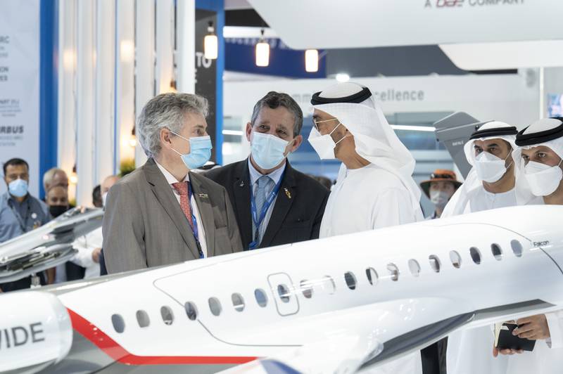 Sheikh Mohamed tours the 2021 Dubai Airshow. The five-day event at Al Maktoum International Airport features 1,200 exhibitors from 48 countries, and is expected to attract 80,000 visitors.