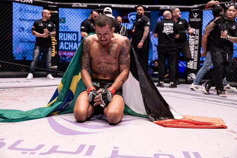 An emotional Bruno Machado after retaining his UAE Warriors lightweight title at the Etihad Arena on Saturday, February 25, 2023.