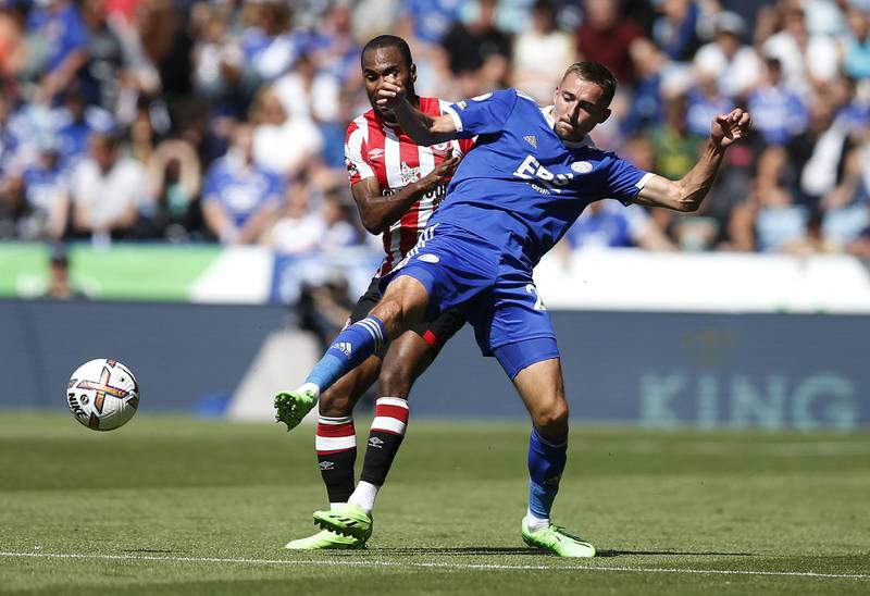 Leicester's Timothy Castagne competes for the ball with Brentford's Rico Henry. Reuters
