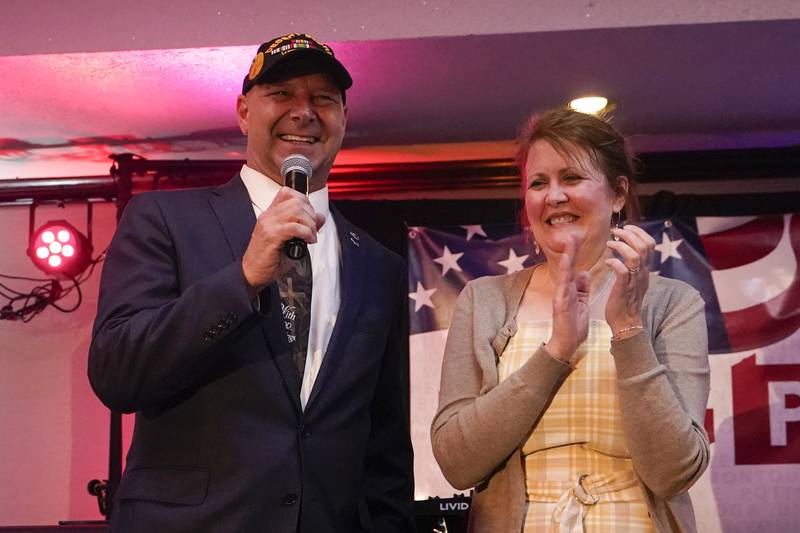 State Senator Doug Mastriano, R-Franklin, a Republican candidate for Governor of Pennsylvania, with his wife Rebbeca, at a primary night election gathering on May 17. AP