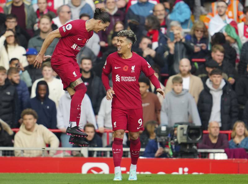 Darwin Nunez celebrates with Roberto Firmino after scoring the second goal for Liverpool. AP