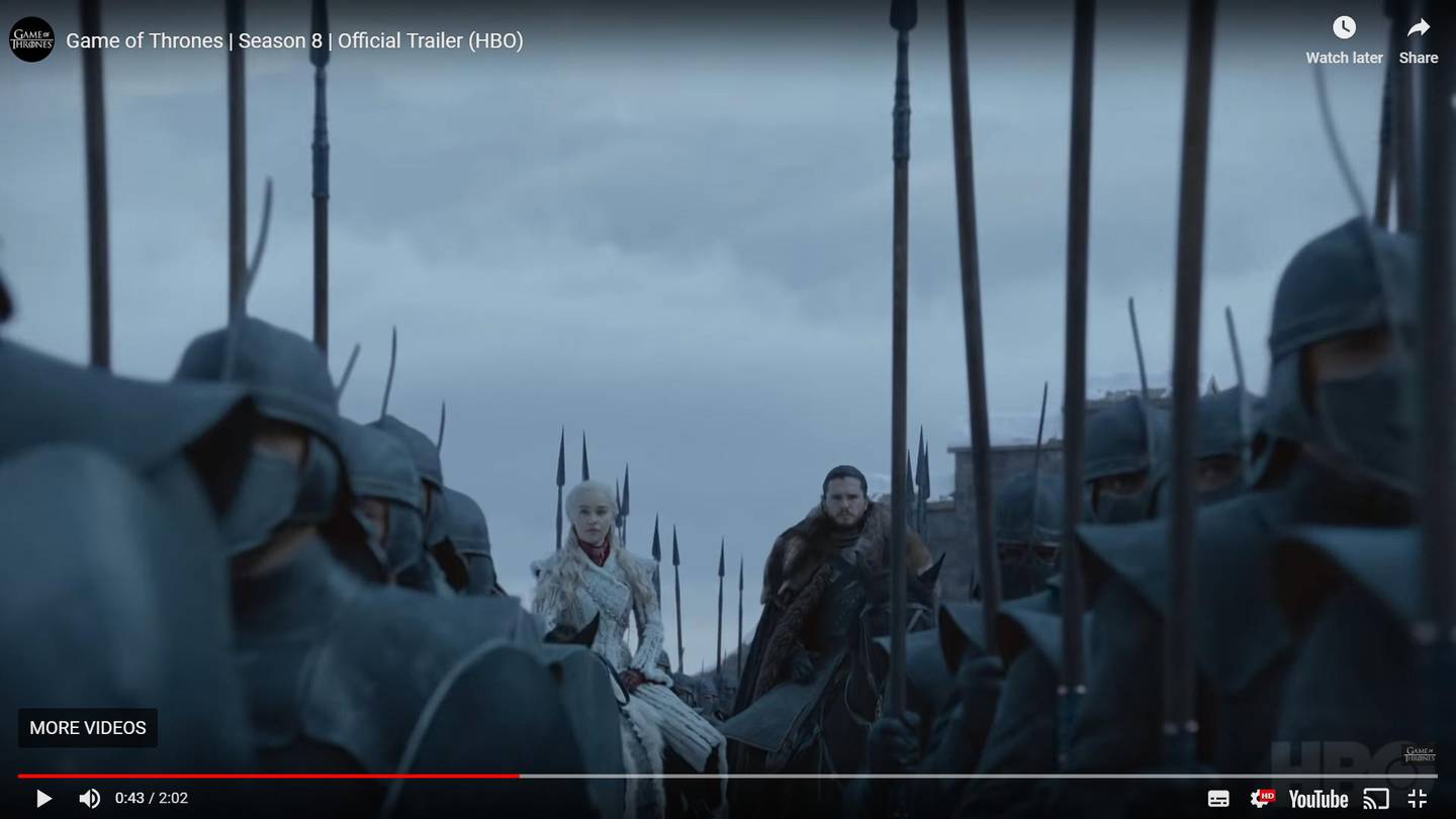 Jon Snow and Daenerys Targaryen in the trailer for the final season of 'Game of Thrones'. Screen grab / HBO