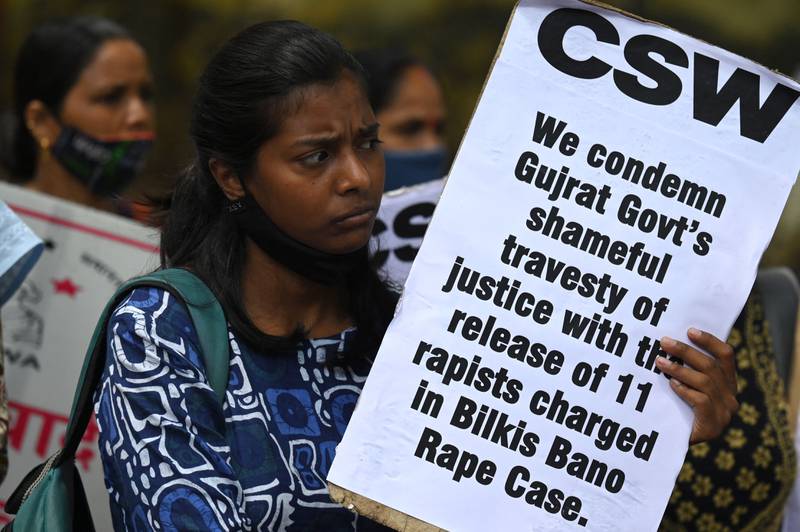A demonstrator makes her feelings clear at the New Delhi protest against the release of the men who raped Bilkis Bano and murdered family members. AFP