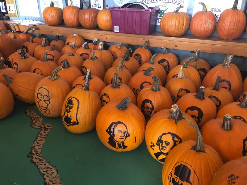 Pumpkins, important in Halloween celebrations, featuring famous adults throughout history and culture. AP