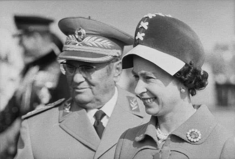 Queen Elizabeth with then Yugoslavian president Josip Broz Tito during a state visit to Yugoslavia in October 1972. Getty Images