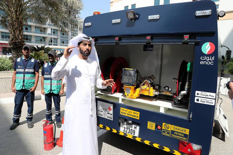 DUBAI,  UNITED ARAB EMIRATES , OCTOBER 8  – 2019 :- Saeed Amir , Chief Business Officer, ENOC Link speaking about the  ENOC Link trucks at the ENOC house in Dubai. ( Pawan Singh / The National ) For Business. Story by Jennifer