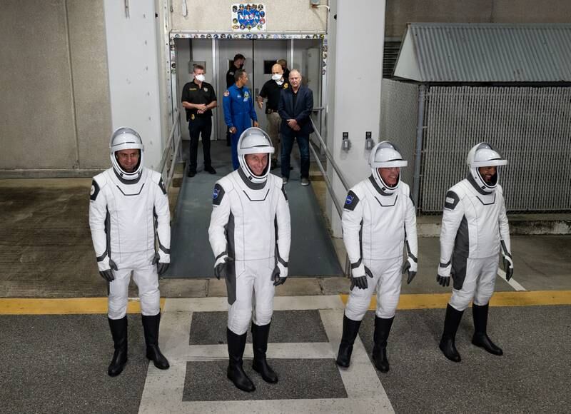 Right to left, UAE astronaut Sultan Al Neyadi, Nasa astronaut Stephen Bowen, Nasa astronaut Woody Hoburg and Roscosmos cosmonaut Andrey Fedyaev seen during their launch rehearsal. Photo: Nasa