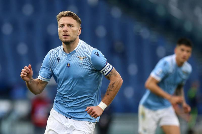 ROME, ITALY - MARCH 12: Ciro Immobile of S.S. Lazio in action during the Serie A match between SS Lazio  and FC Crotone at Stadio Olimpico on March 12, 2021 in Rome, Italy. Sporting stadiums around Italy remain under strict restrictions due to the Coronavirus Pandemic as Government social distancing laws prohibit fans inside venues resulting in games being played behind closed doors. (Photo by Paolo Bruno/Getty Images)