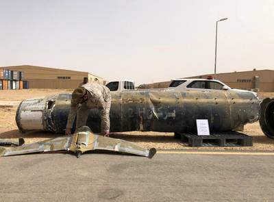 FILE PHOTO: A projectile and a drone launched at Saudi Arabia by Yemen'S Houthis are displayed at a Saudi military base, Al-Kharj, Saudi Arabia June 21, 2019. REUTERS/Stephen Kalin/File Photo