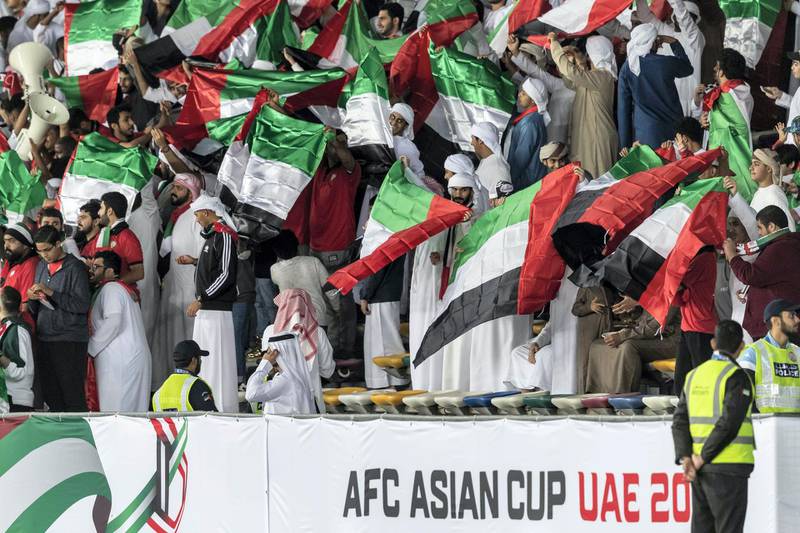 ABU DHABI, UNITED ARAB EMIRATES. 10 JANUARY 2019. AFC Football at Zayed Sports City. UAE vs India match. Fans before the start of the game. (Photo: Antonie Robertson/The National) Journalist: John McAuley. Section: Sport.