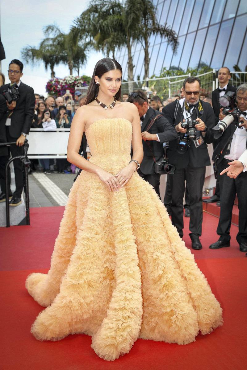 Model Sara Sampaio wears a peach ruffled gown by Georges Hobeika for the 72nd annual Cannes Film Festival. Supplied