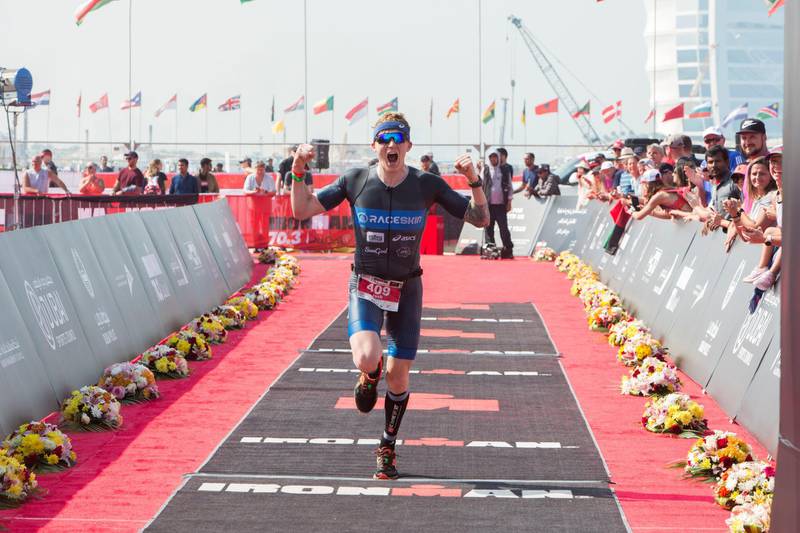 Dubai, United Arab Emirates - Ironman winner amateur 1st place Josh Holman at the Ironman race at Jumeirah open beach, Dubai. Leslie Pableo for The National