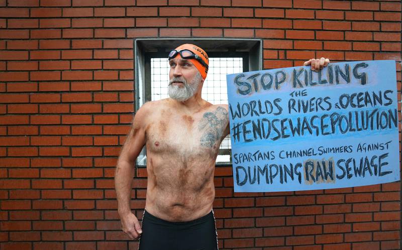 English Channel swimmer Peter Green protests against the dumping of raw sewage into the sea. PA