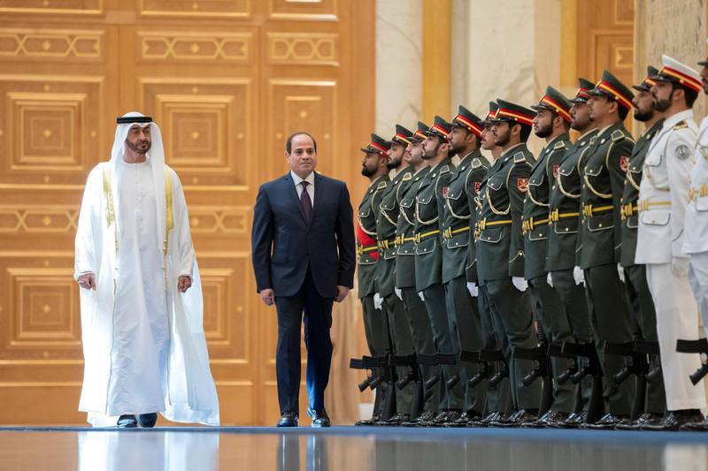 ABU DHABI, UNITED ARAB EMIRATES - November 14, 2019: HH Sheikh Mohamed bin Zayed Al Nahyan, Crown Prince of Abu Dhabi and Deputy Supreme Commander of the UAE Armed Forces (L) and HE Abdel Fattah El Sisi, President of Egypt (R), inspect the UAE Honor Guard during a state visit reception at Qasr Al Watan. 

( Rashed Al Mansoori / Ministry of Presidential Affairs )
---
