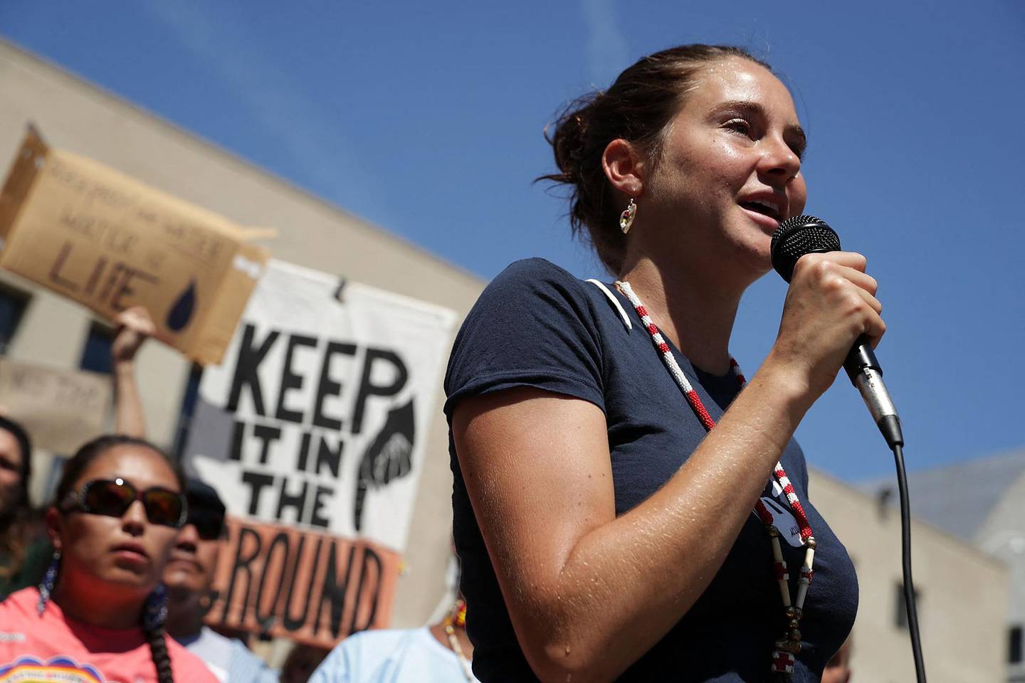 WASHINGTON, DC - AUGUST 24: Actress Shailene Woodley speaks during a rally on Dakota Access Pipeline August 24, 2016 outside U.S. District Court in Washington, DC. Activists held a rally in support of a lawsuit against the Army Corps of Engineers "to protect water and land from the Dakota Access Pipeline," and to call for "a full halt to all construction activities and repeal of all pipeline permits until formal tribal consultation and environmental review are conducted."   Alex Wong/Getty Images/AFP (Photo by ALEX WONG / GETTY IMAGES NORTH AMERICA / Getty Images via AFP)