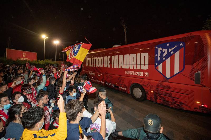 Atletico Madrid's players arrive by bus to celebrate the La Liga title, at Wanda Sport City in Majadahonda, Madrid. EPA