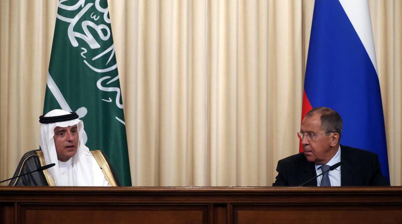 epa06981232 Russian Foreign Minister Sergei Lavrov (R) and Saudi Foreign Minister Adel al-Jubeir (L) attend a news conference following for their talks in Moscow, Russia, 29 August 2018. The Saudi FM is on an official visit to Moscow.  EPA/MAXIM SHIPENKOV