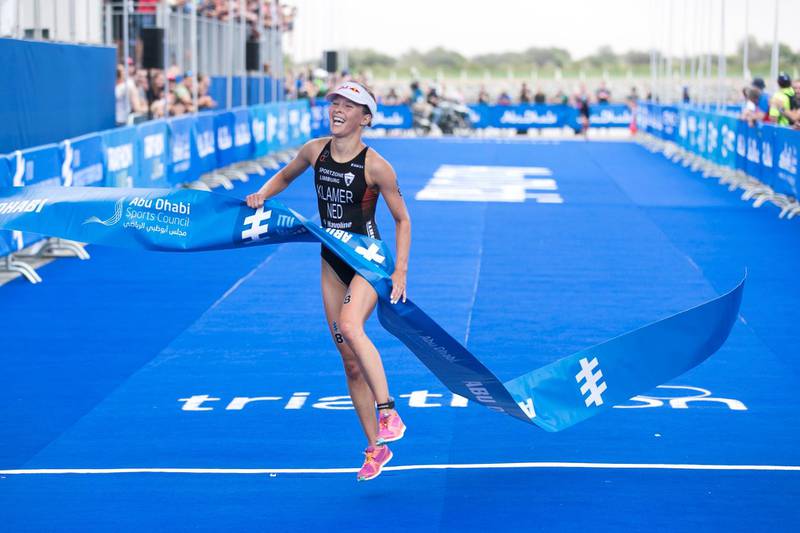ABU DHABI, UNITED ARAB EMIRATES - MARCH 03, 2018.Rachel Klamer, Dutch, wins first place of the Elite Women race at Abu Dhabi Triathlon.(Photo: Reem Mohammed/ The National)Reporter: AMITH PASSATHSection: SP