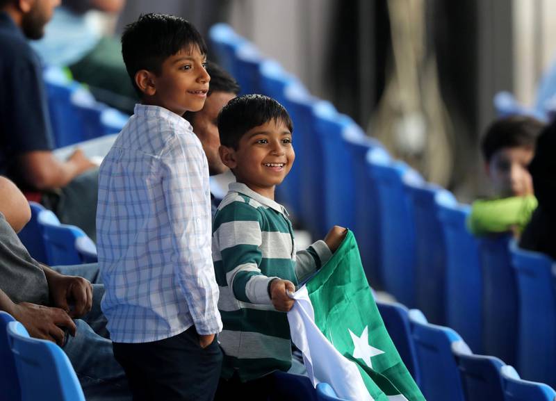 Sharjah, United Arab Emirates - February 23, 2019: Fans during the game between Lahore Qalandars and Quetta Gladiators in the Pakistan Super League. Saturday the 23rd of February 2019 at Sharjah Cricket Stadium, Sharjah. Chris Whiteoak / The National