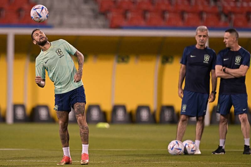 Neymar during Brazil's training session at Al Arabi Stadium. Getty