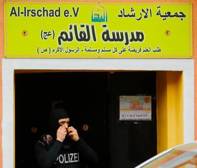 German special police leaves the El-Irschad (Al-Iraschad e.V.) centre in Berlin after Germany banned Iran-backed Hezbollah on its soil and designated it a terrorist organisation. Reuters