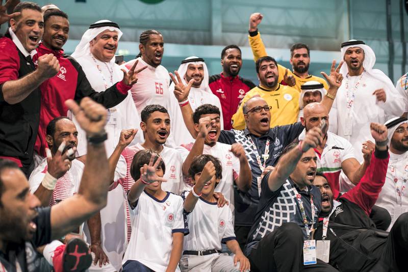 ABU DHABI, UNITED ARAB EMIRATES - March 20 2019.UAE's handball team celebrate their win agains Russia at the Special Olympics World Games in ADNEC. (Photo by Reem Mohammed/The National)Reporter: Section:  NA
