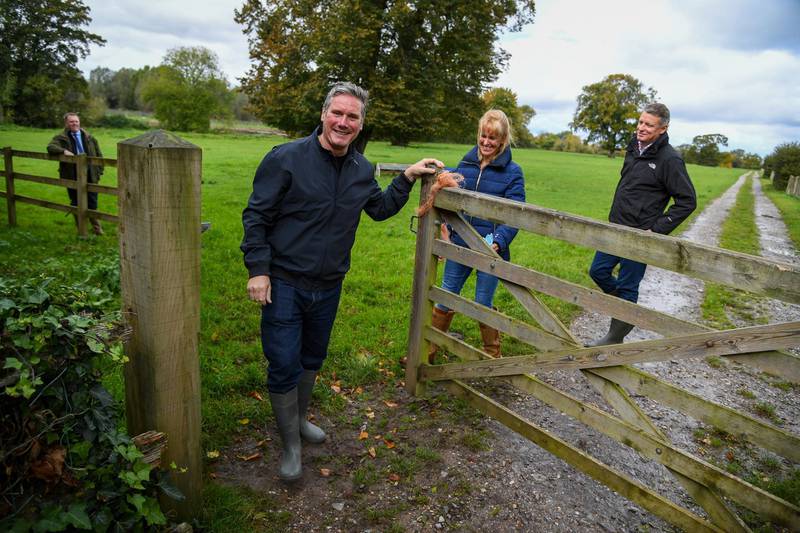 Labour leader Keir Starmer is shown around Barford Park Farm by NFU President Minette Batters on October 08, Salisbury, England. Finnbarr Webster/Getty Images