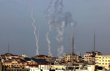 Rockets are fired from Gaza City, controlled by the Palestinian Islamist movement Hamas, towards Israel on May 10, 2021. AFP 